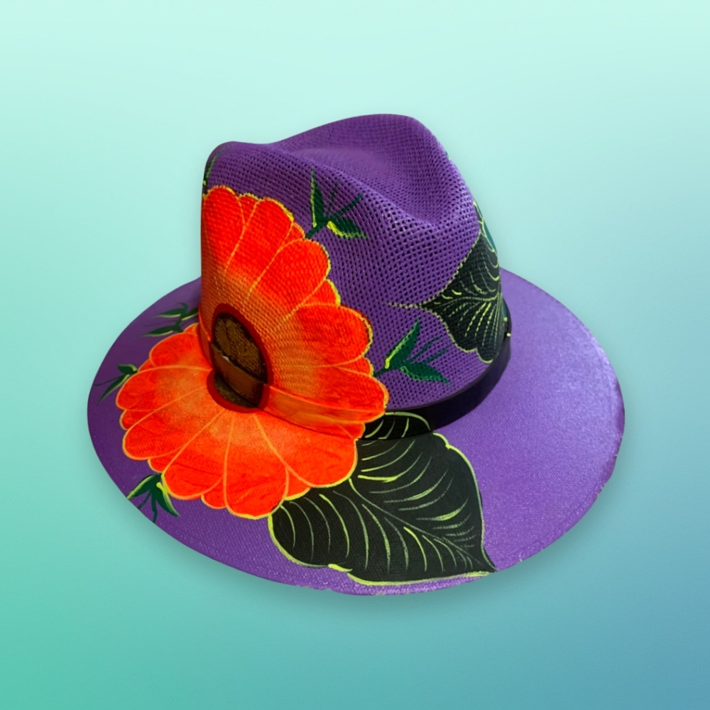 Boho Handpainted Floral Purple Fedora Hat From Ecuador